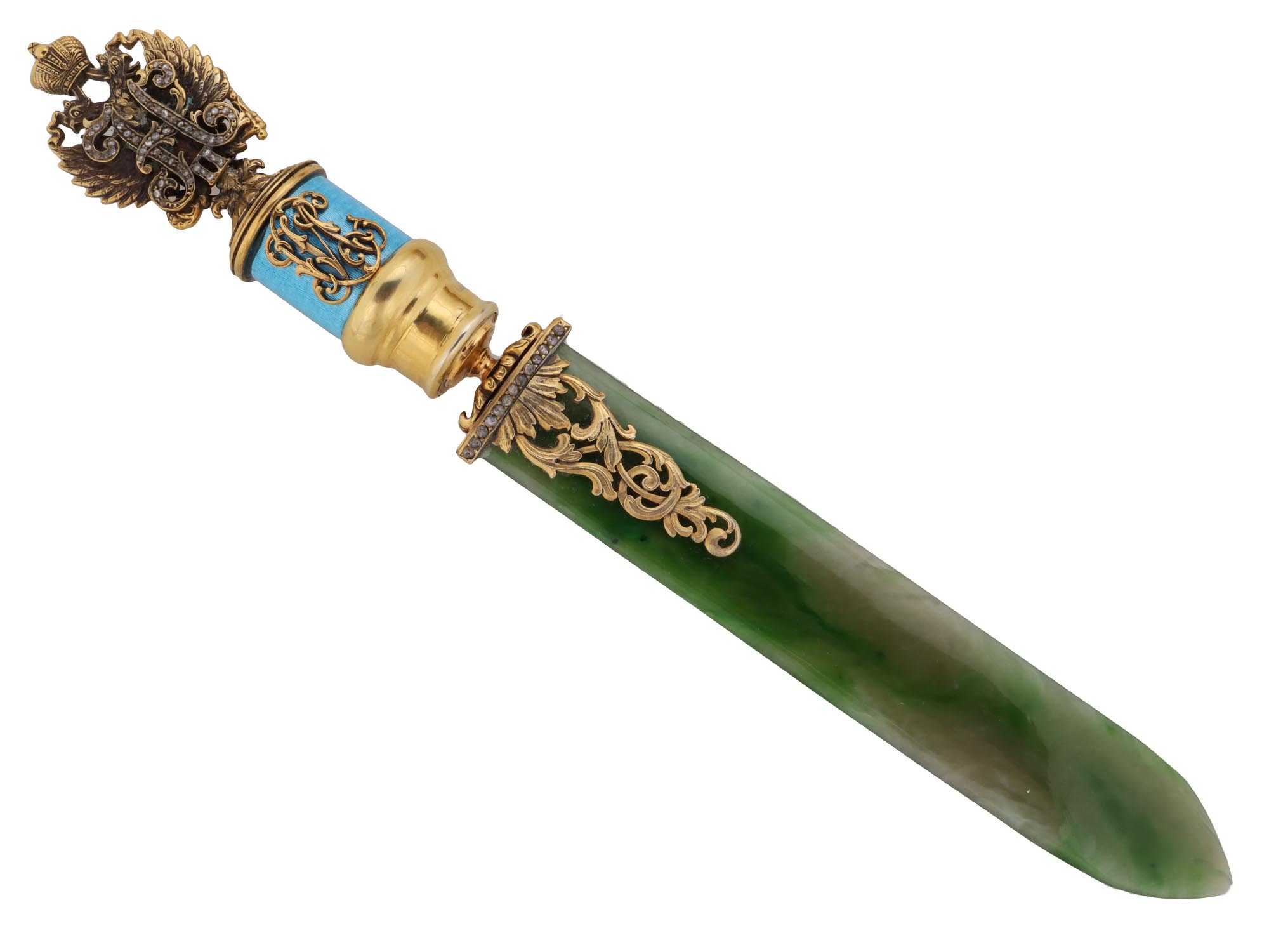 RUSSIAN GILT SILVER DIAMOND JADE LETTER OPENER PIC-1